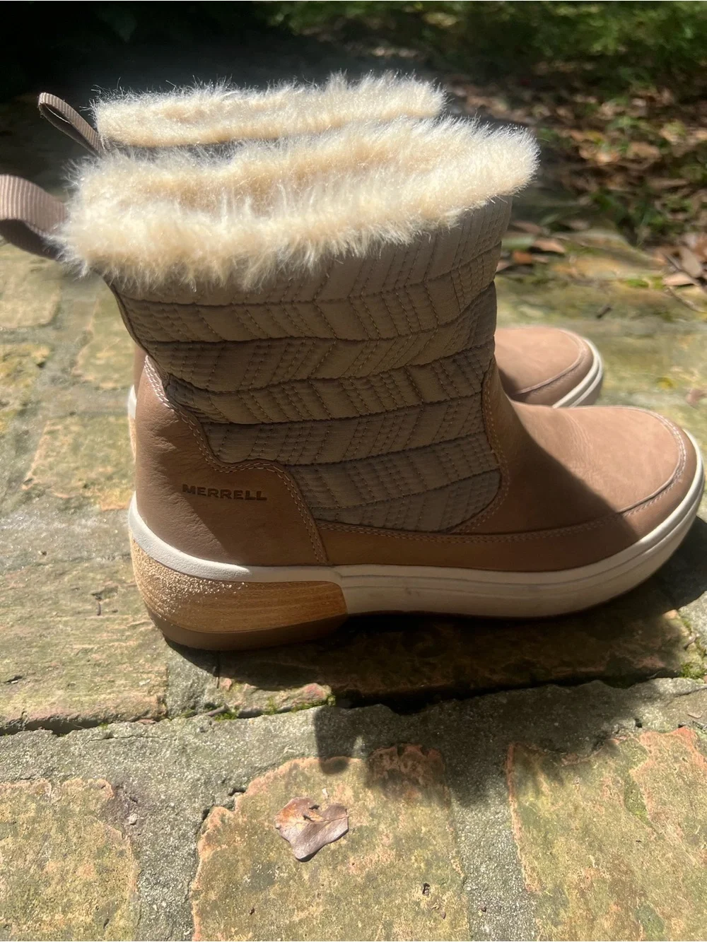 Merrell Taupe Leather & Quilted Ankle Winter Boots with Faux Fur Cuff